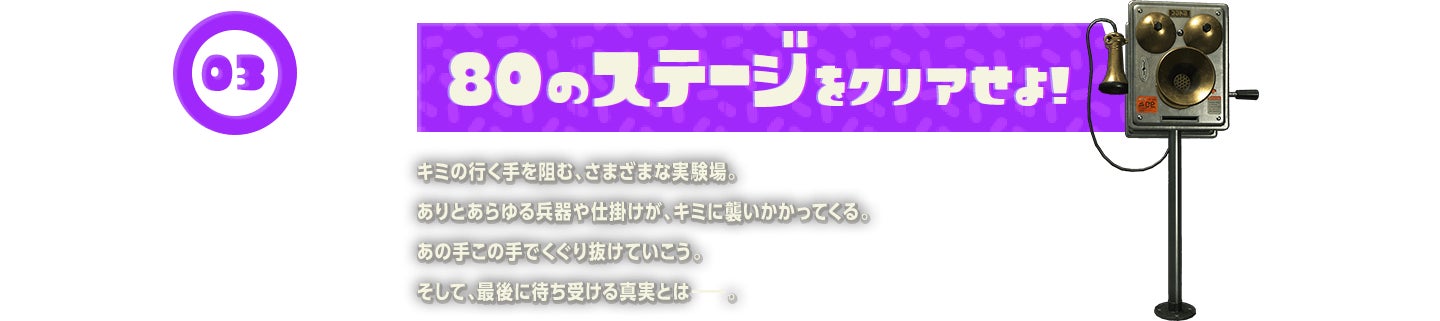 03　80のステージをクリアせよ!　キミの行く手を阻む、さまざまな実験場。ありとあらゆる兵器や仕掛けが、キミに襲いかかってくる。あの手この手でくぐり抜けていこう。そして、最後に待ち受ける真実とは。
